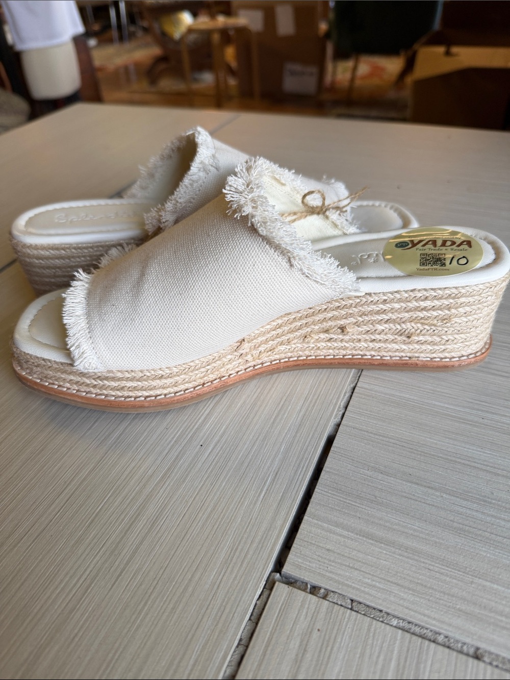 Ada Cream Frayed Canvas Espadrille Wedge Slides